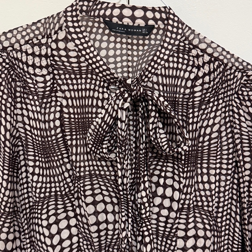 Zara Brown & White Polka Dot Chiffon Blouse with Optical Illusion Pattern.
